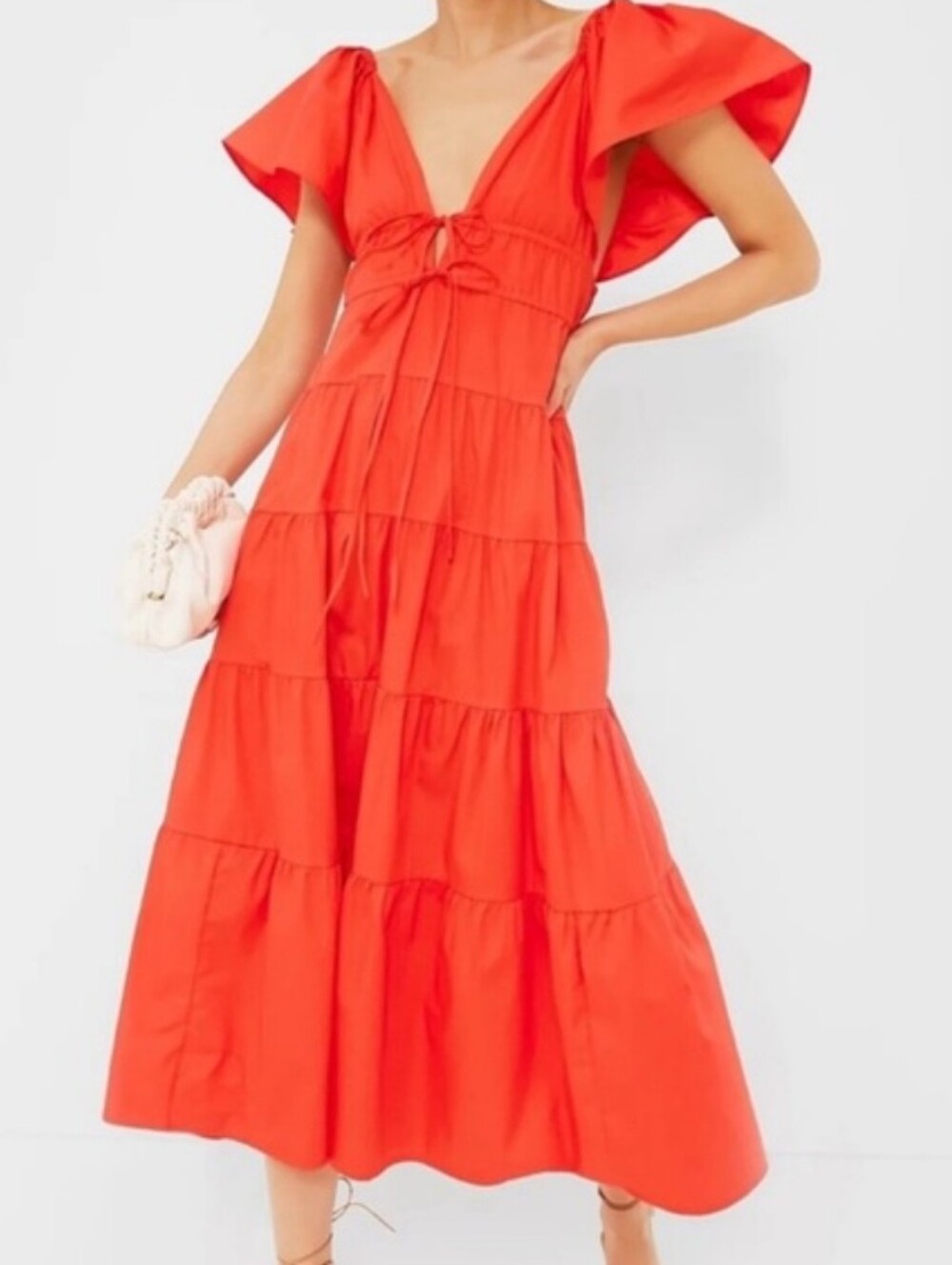 Opt Bright Red Orange Fallen Tiered Maxi Dress with Deep V  Small